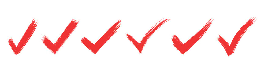 Red check mark set, hand drawn brush tick symbols, approval and confirmation icons collection isolated on transparent background