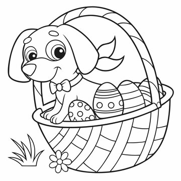 A dog sitting in a basket with easter eggs