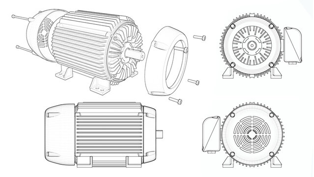 Industrial Electric Motor Drawing - Exploded View and side, front, back view. 3D rendering isolated on white background. 3D Mesh, Sketch, Blueprint, Vector style or Drawing. Ideal for edu, engineering
