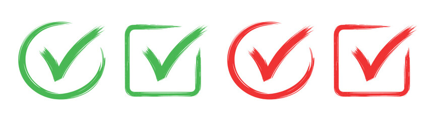 Green and red check mark icons in circle and square outline set on transparent background