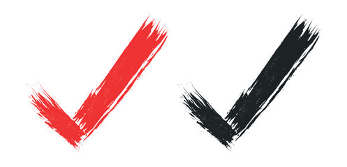 Red and black brush stroke check mark symbols isolated on transparent background