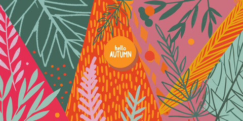 Colorful tropical leaves and a hello autumn text greeting © Subarna
