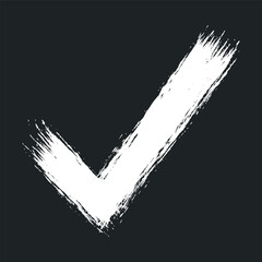 White brush check mark symbol, handdrawn grunge approval tick icon isolated on black background