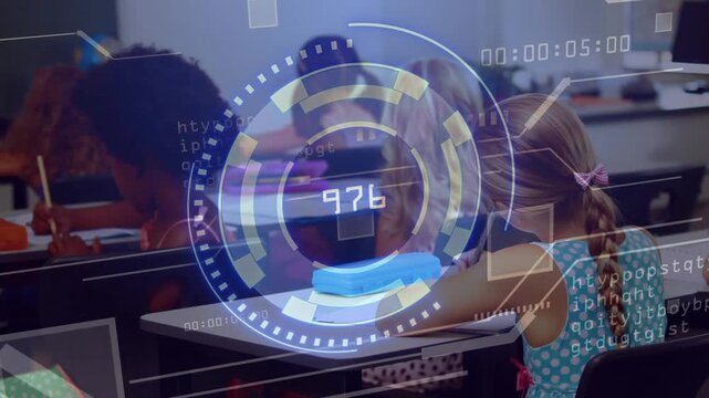 HUD appearing over blue eraser showing numbers for classroom metrics, girl on right turning smiling