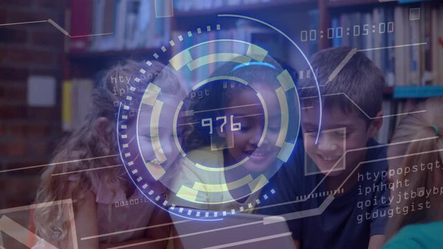 Four girls leaning over tablet in library, HUD rotating, one girl tapping, starting group learning