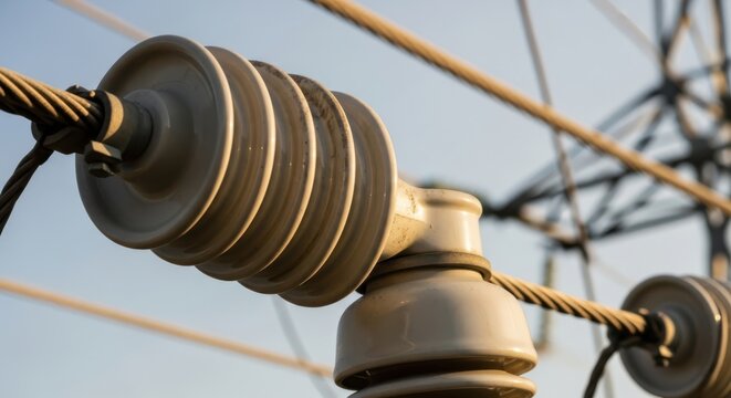 Close-up view of insulators on high-voltage power transmission lines against a clear blue sky