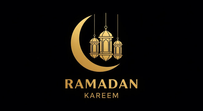 Ramadan kareem greeting with golden crescent moon and lanterns