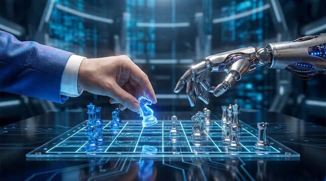 Human intelligence versus artificial intelligence battling with digital chess kings symbolizes technology strategy and strategic in modern tech environment