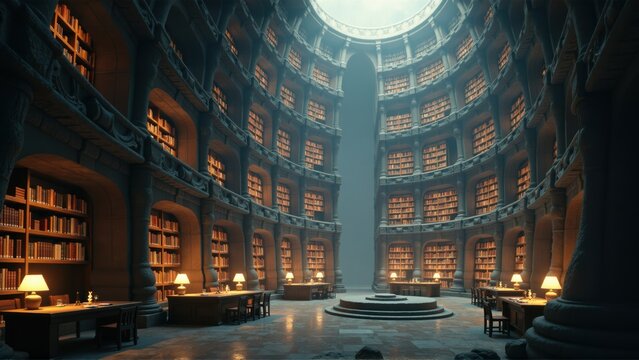 Ancient Stone Library with Towering Arches