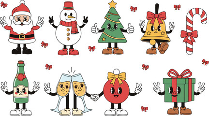 Vintage 1930s Rubber Hose Animation Style Santa Snowman Christmas Tree and Champagne for Trendy Holiday Branding