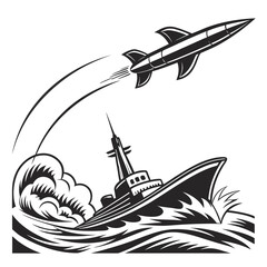 Black and white cinematic of a stealth warship launching a missile © mukul