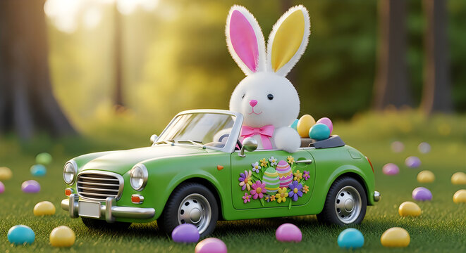 Easter bunny riding in a green vintage car surrounded by colorful easter eggs on a sunny day