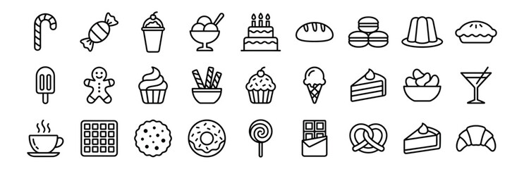 Dessert and sweet food line icons set, candy bakery pastry cake cupcake ice cream and chocolate symbols on transparent background © gerik_a