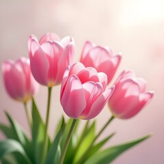 Fototapeta premium Pink Tulips Bouquet on Soft Blurred Background – Spring Floral Romantic Concept 