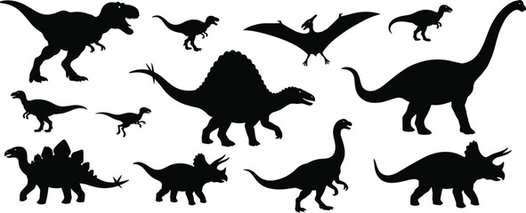 Dinosaur silhouette collection with Tyrannosaurus Rex Triceratops and Brachiosaurus isolated on white background vector illustration for prehistoric crafts and engraving, © "Hello"