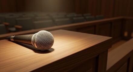 Obraz premium A microphone on a wooden podium in a dimly lit auditorium with seating in the background