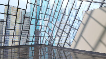 A large room with sloping panoramic windows overlooking the modern high-rise buildings and sky, glossy black floor reflecting the windows. 3d illustration © Wire_man