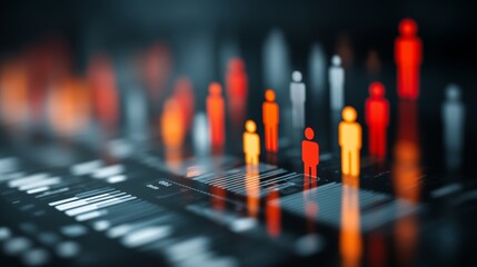 Glowing orange and red human figure icons stand on digital interface with integrated bar chart overlays, depicting population demographics and social statistics for targeted marketing analysis.