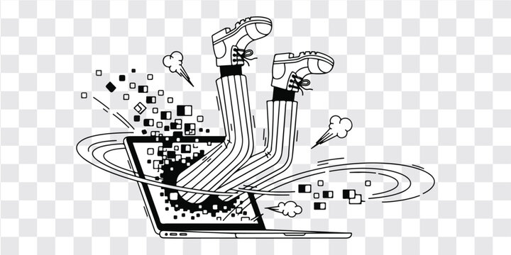 Social media addiction feet walking on laptop screen simple line drawing