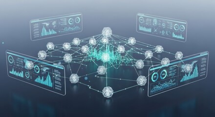 Complex network of interconnected nodes and screens displaying various data visualizations and graphs in a futuristic digital environment from a slightly elevated viewpoint
