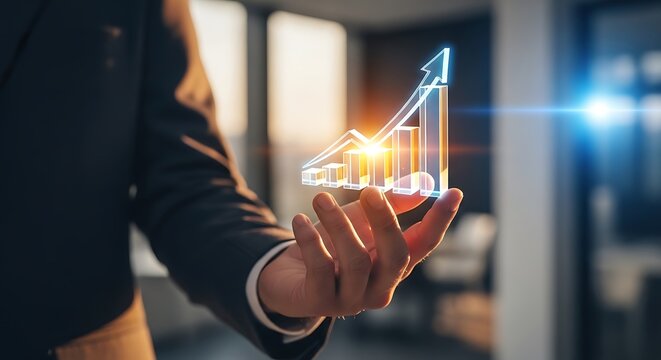 Businessman holding digital graph with upward trend.