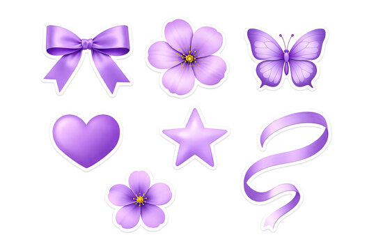 Purple Decorative Elements Collection &ndash; Bow, Butterfly, Flower, Heart, Star and Ribbon Isolated Set