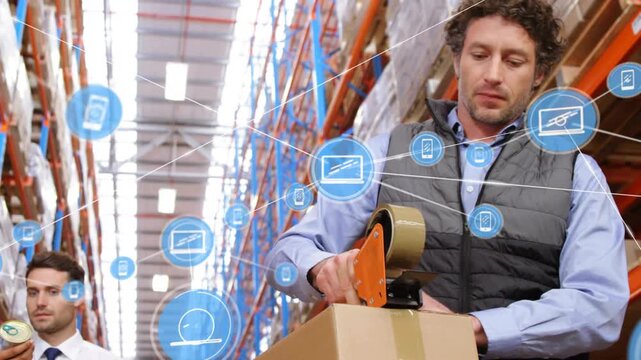 Depot packer taping box, staff scanning item with phone starting IoT overlay over crew for tracking