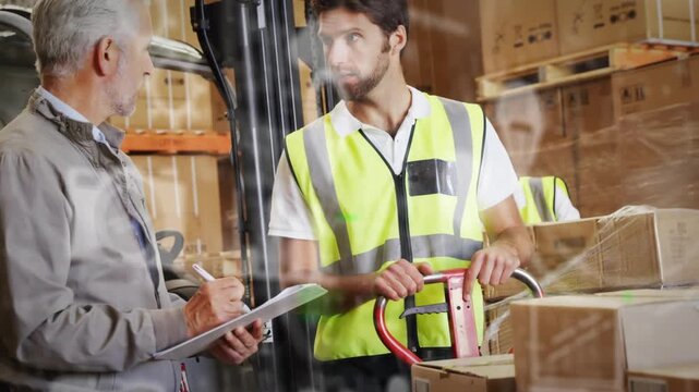 Senior starting logistics check, worker steadying pallet truck and pointing boxes, overlay crossing