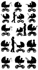Fototapeta premium Set of 15 baby stroller and pram black silhouette vector icons