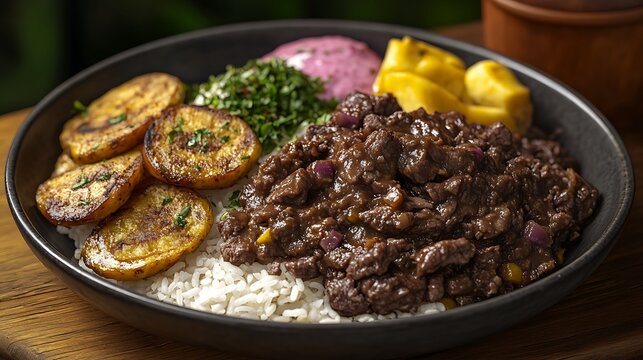 Exotic Ethiopian Doro Wat with injera and plantains with rich savory dish.