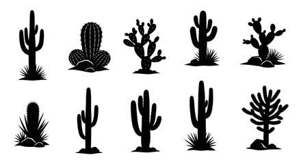 Fototapeta premium Set of 10 Black Cactus Silhouettes Vector
