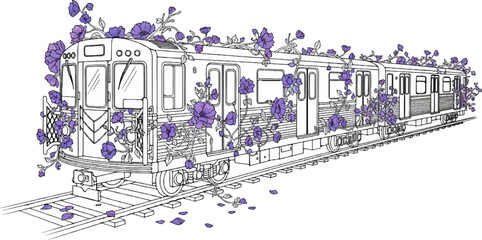 Naklejka premium A vintage train carriage entwined with vibrant purple blossoms and vines