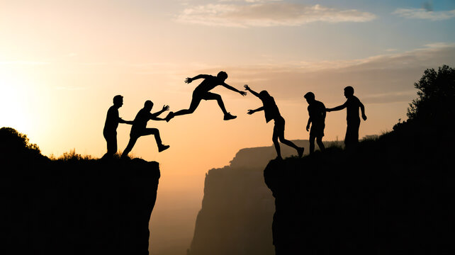 Group of people silhouetted helping each other cross a chasm at sunset