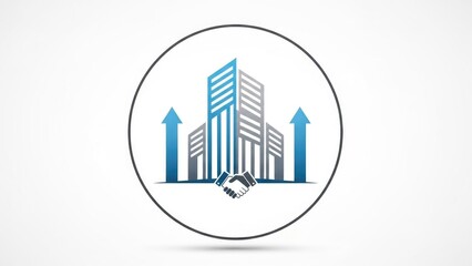 Fototapeta premium Building icon in circle w/handshake, arrows, conveys real estate and growth
