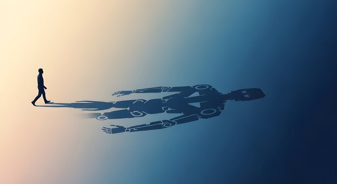 Man walking forward while casting a shadow of a futuristic robot humanoid.