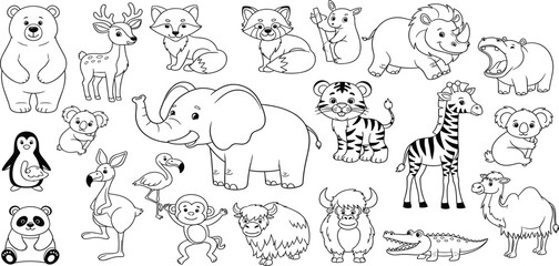 Fototapeta premium Cute Safari and Wild Animals Coloring Page Collection for Kids Outline Cartoon Animal Set