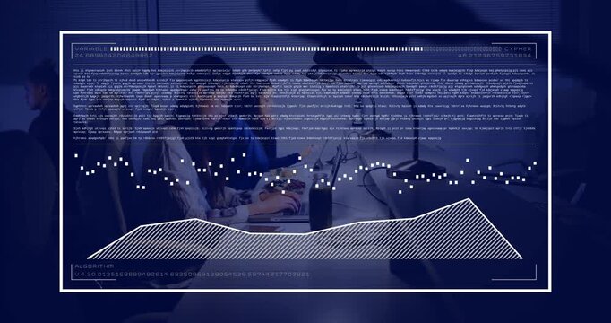 Group typing laptops, frame appearing, HUD showing rising graph growing hatched area for business