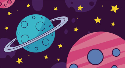 Whimsical Space Illustration with Ringed Planet, Striped Planet, and Twinkling Stars © CDS.F