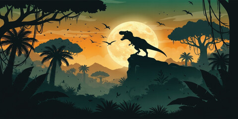 Dinosaur Silhouette on Cliff with Full Moon in Prehistoric Jungle Landscape Dramatic Night Scene Fantasy Vector Illustration © AB
