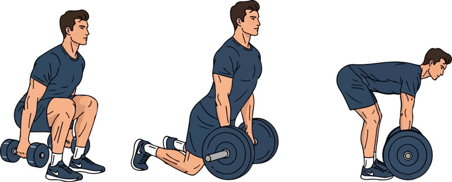Muscular man demonstrates three weightlifting exercises squat with dumbbells, bent press with barbell, and deadlift
