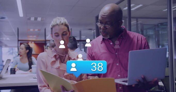 Mgr guiding woman checking folder+lpt biz badge-appearing animating95 icons-over tracking interest