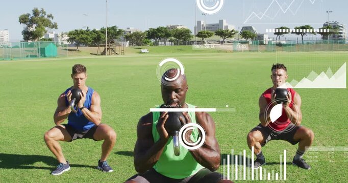 Center male leading goblet squat descent, partners following for fitness while HUD tracking metrics