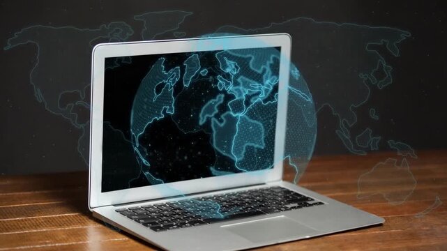 Upon laptop waking, cyan holographic globe rotating across screen, projecting global data for demo