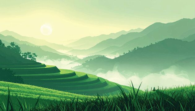 Curved paddy architecture embracing quiet landscape. Sustainable farming concept within emerald scenery. Rural development backdrop with layered geometry
