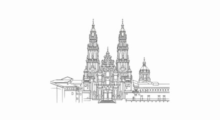 Obraz premium Ornate cathedral with twin spires and dome, rendered in a classic ink sketch style