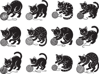 Obraz premium Black Cat Playing with a Ball of Yarn Si