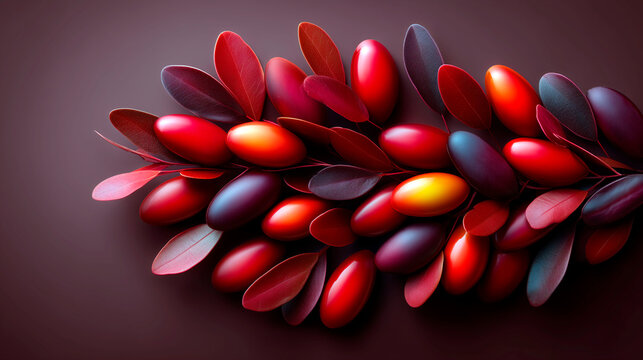 Abstract composition of glossy red and burgundy oval leaves arranged in decorative cluster on dark background modern botanical design