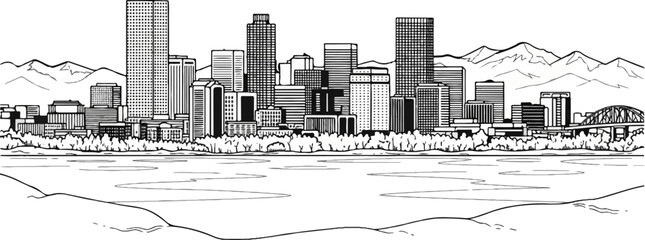 Fototapeta premium Black and white illustration of a city skyline with mountains and a river