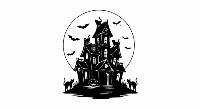 Silhouette of a haunted house with cats, bats, and a pumpkin under a full moon