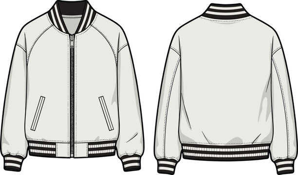 Technical fashion sketch of a white bomber jacket front and back views with striped ribbing for apparel design and streetwear.